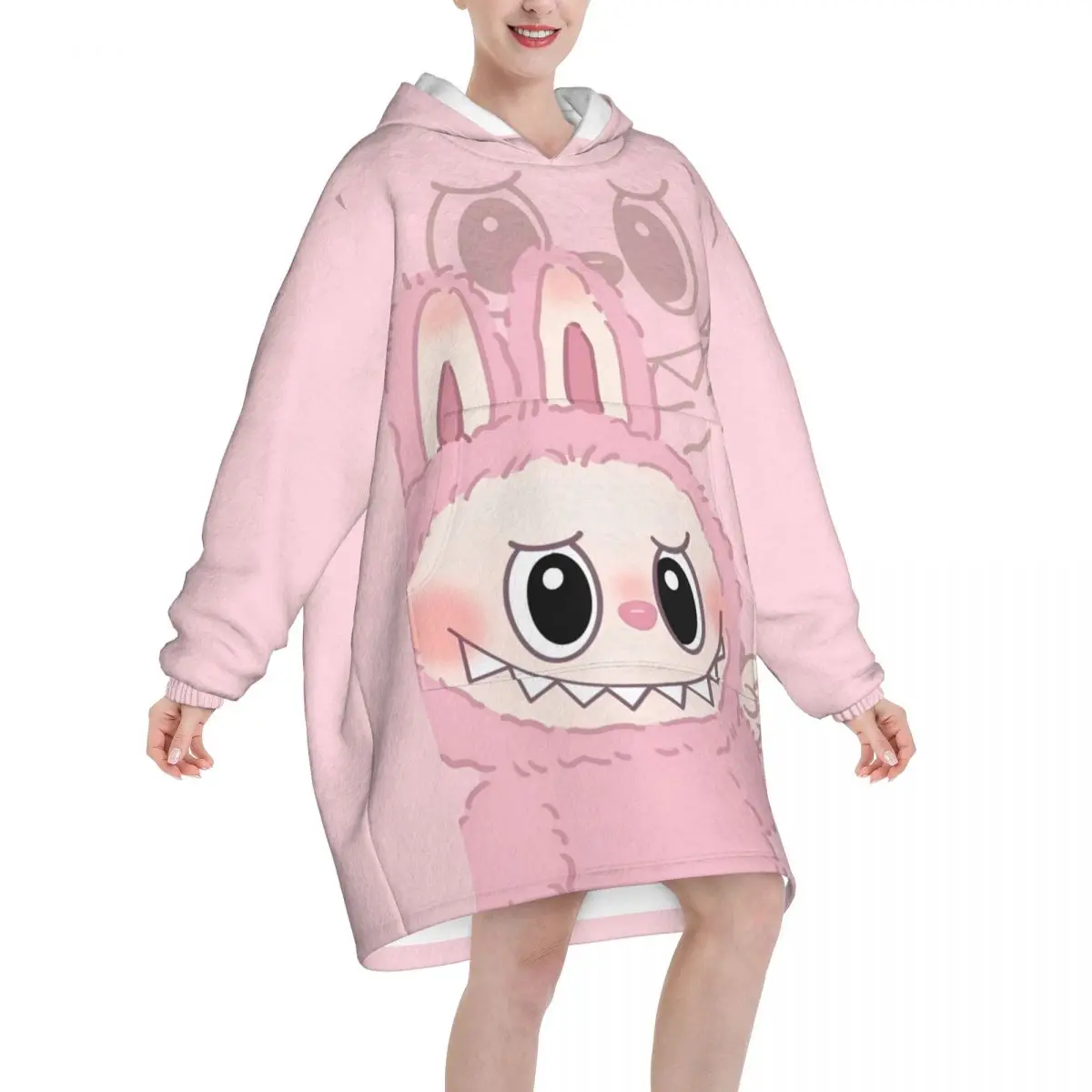 Labubu Funny Cartoon Oversized Blanket Hoodie Sweatshirt Long Fleece Hooded Wearable Blanket with Large Pocket for Women Men