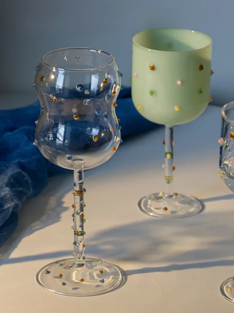 Guluncy Artistic Creative Colored Candy Bean Glass Highball Cup Relief Atmosphere Elegant Wine Champagne Cup with Handle