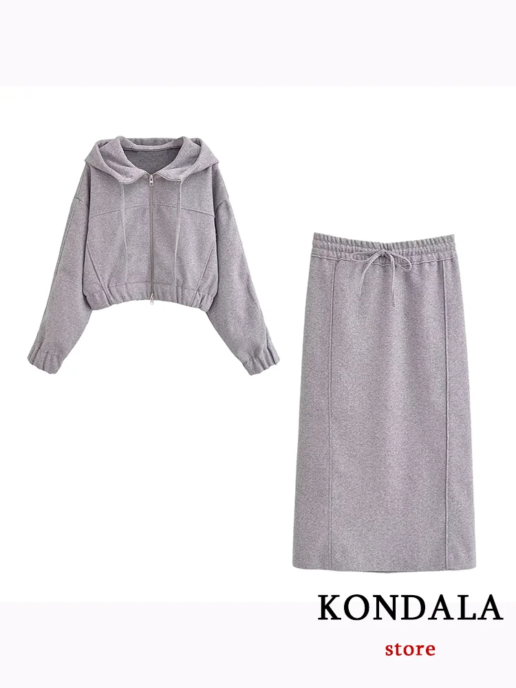 KONDALA Vintage Casual Solid Women Suit Gray Zipper Pockets Hooded Jackets Long Straight Skirt Fashion 2023 Autumn Office Set