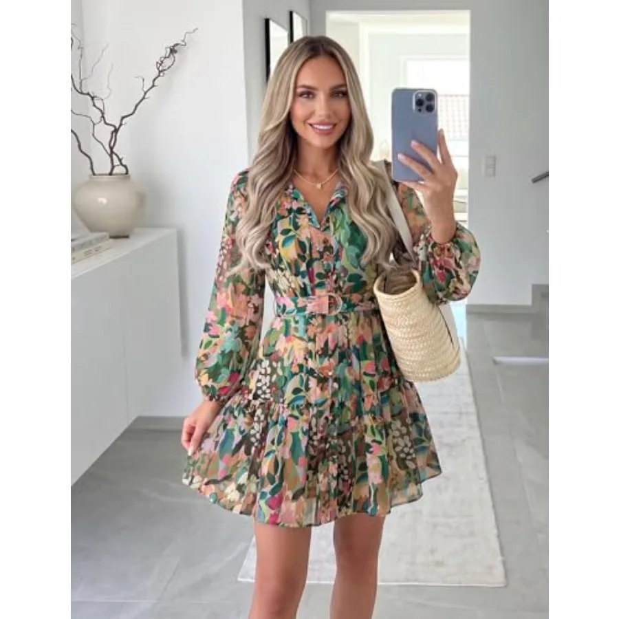 ZESICA Gaun Mini Wanita Motif Bunga Musim Semi Musim Panas Lengan Panjang Kancing Chiffon A-Line Swing Pendek untuk Pesta Pernikahan