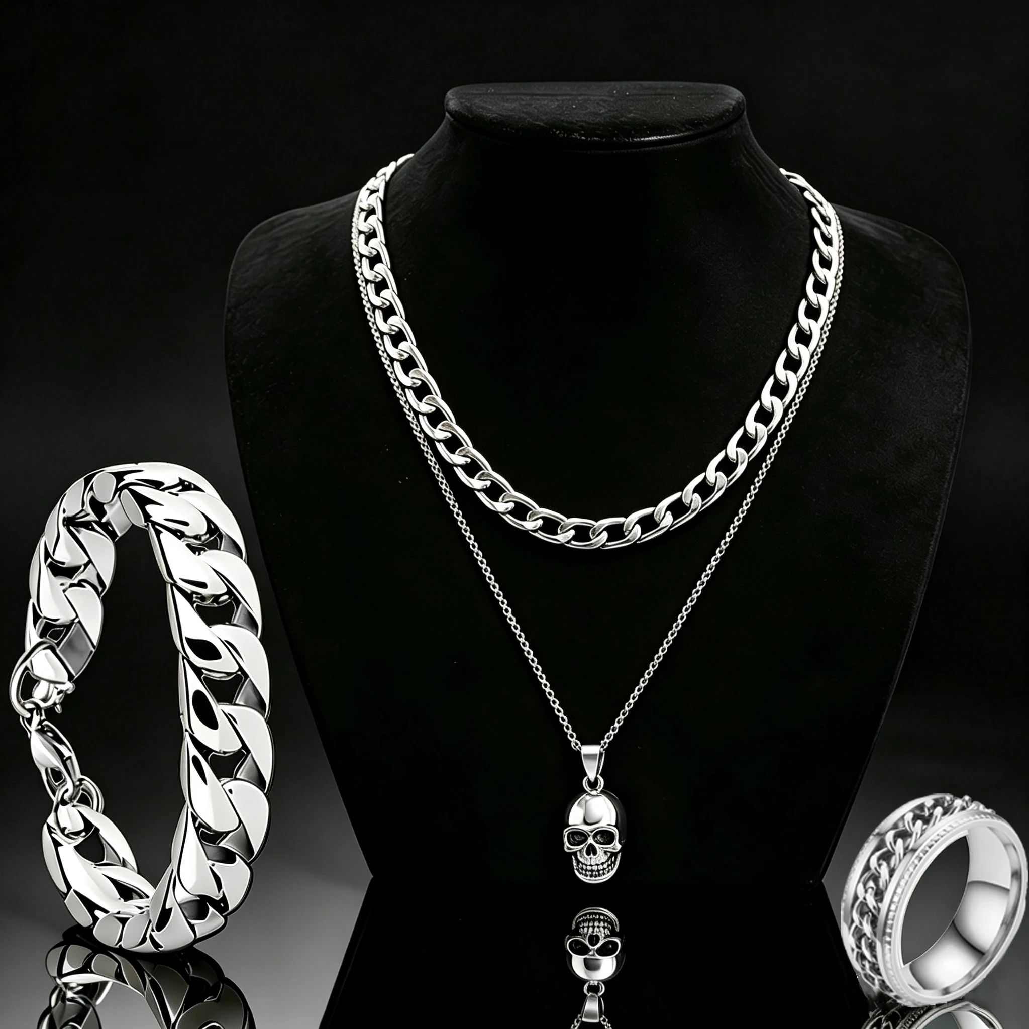 Men Accessories Ring And Bracelet - 4 Buah Set Perhiasan Pria, Kalung