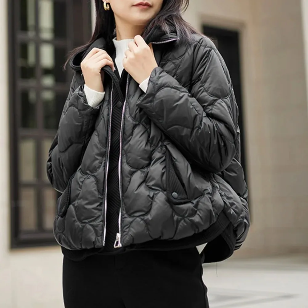 2025 novo inverno feminino falso duas peças de malha emendado puffer jaqueta casual 90% pato para baixo casaco curto solto com capuz parkas