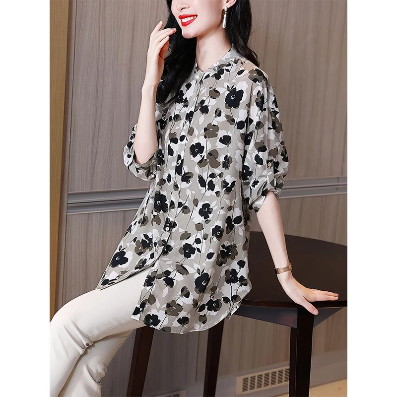 Summer New Loose Causal Printing 3/4 Sleeve Blouse Female Elegant Fashion All-match Cardigan Top Women Temperament Buttons Shirt