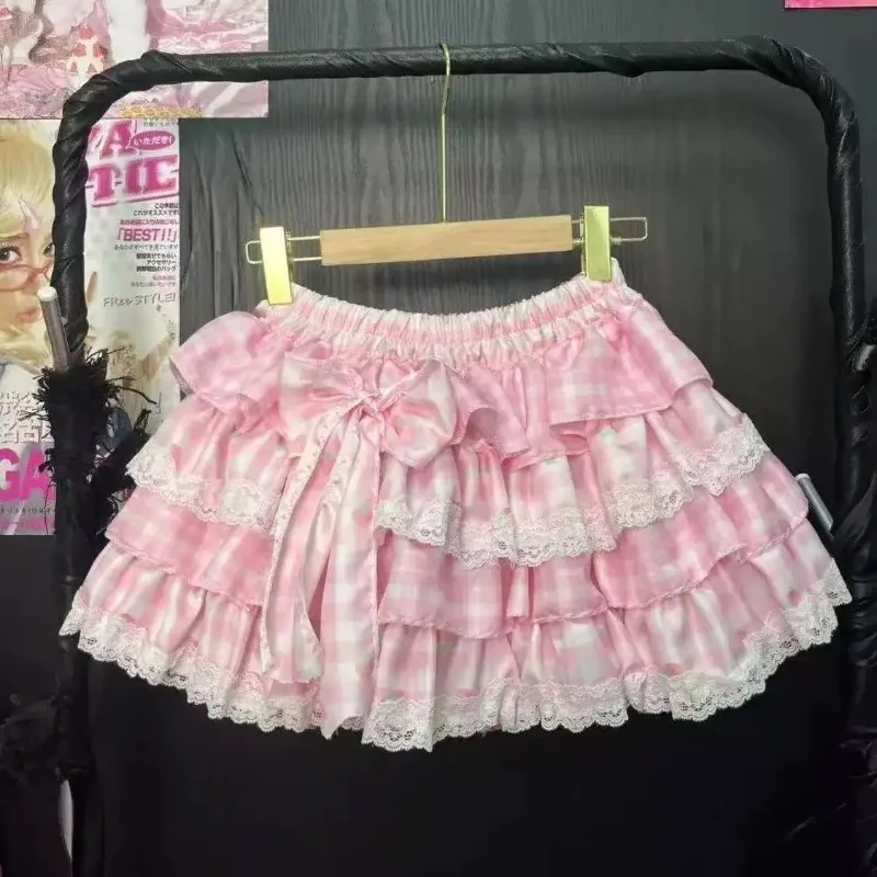 Japanese Y2k Kawaii Lolita Strawberry Print Frill Punk Cake Skirt Women Lovely Bow Mini Skirt Korean Multi Layer Short Skirt