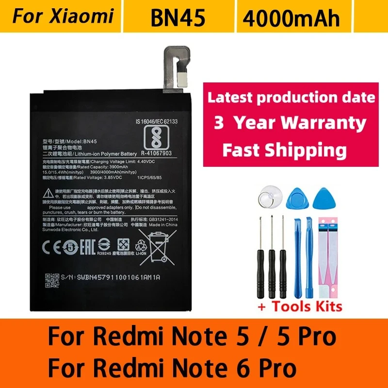 4000mAh NEW Battery For Xiaomi Redmi Note 5 Note5 Note 6 Pro BN45 Replacement Batteries Bateria Batterij+Tools Fast Shipping