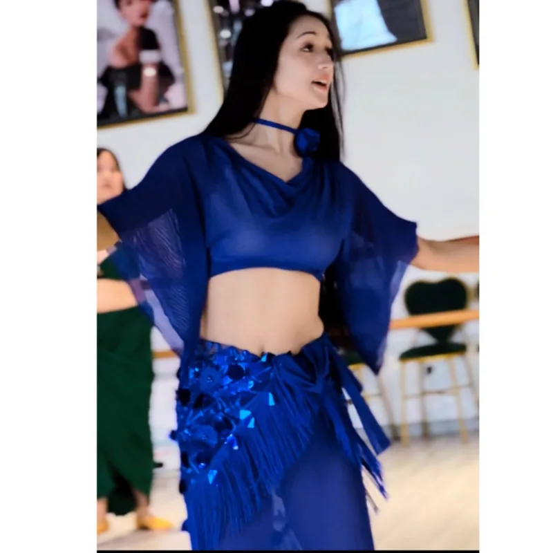 customized belly dance costumes new set sexy long dress performance costume group class uniform blue suit top skirt hip scarf