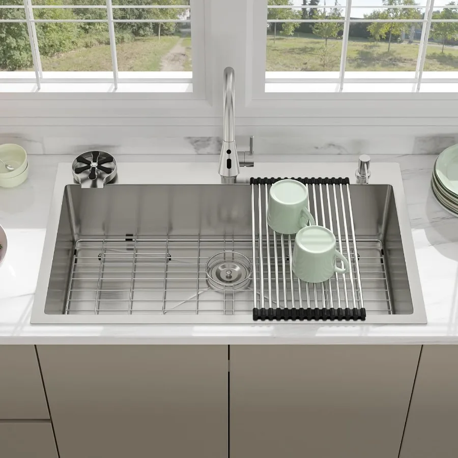 36 قطرة في حوض المطبخ مع صنبور قابل للسحب وموزع صابون للمطابخ الحديثة - وعاء فردي من الفولاذ المقاوم للصدأ فوق العداد #2