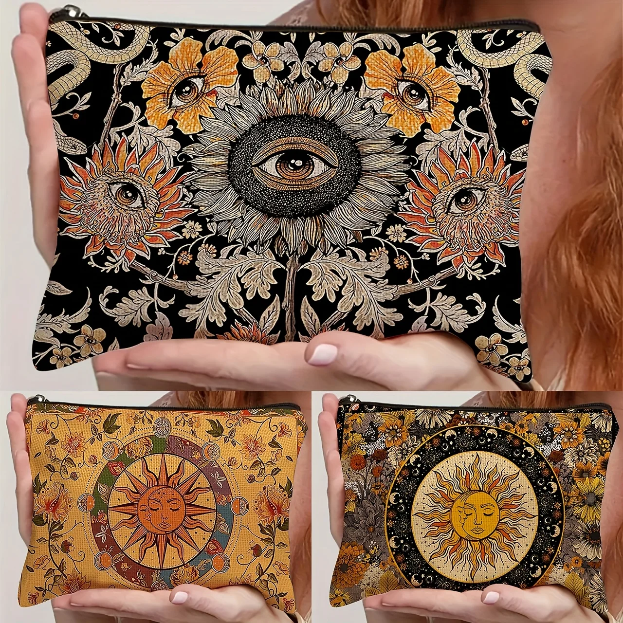 1pc Mystical Evil Eye & Sunflower Makeup Bag – Retro Floral Cosmetic Pouch, Black Background with Vibrant Tarot Card Designs