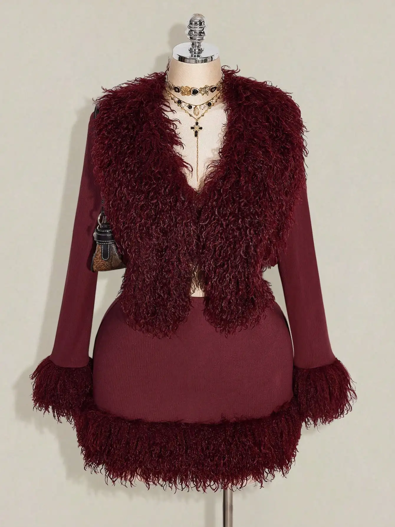 Wine Red Faux Fur Collar Knit Long Sleeve Bodycon Skirt Set Women Winter Outfit
