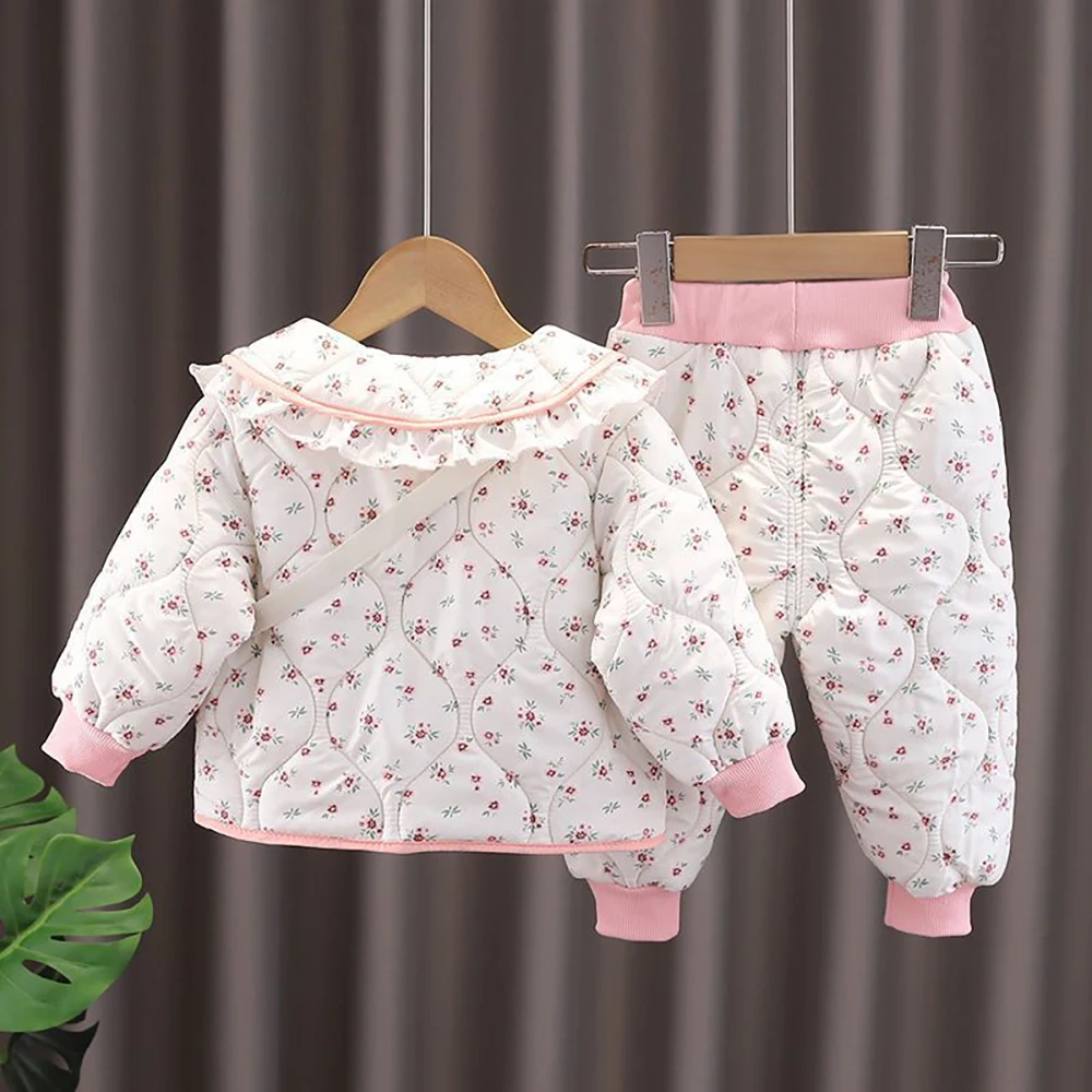 Kids Girls Floral Print Cotton Coats+Pants 2Pcs Toddlers Suit Autumn Winter Thick Warm Children Clothes Sets with Bag 1-5Years