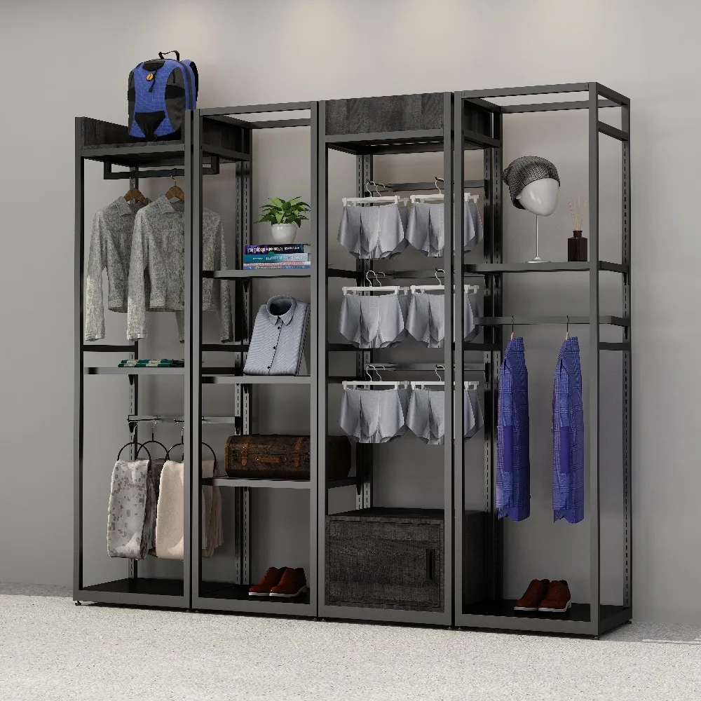 Modern Retail Boutique Garment Store Multi Functional Removable LED Lighting Clothes Storage Display Racks Coat Stands