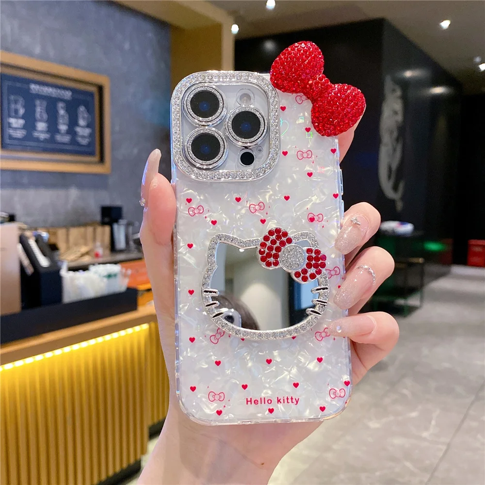 مجسمة لطيف القط مرآة لوضع مساحيق التجميل جراب هاتف آيفون 16 15 14 برو ماكس 14 15 زائد 13 12 11 الكرتون فتاة الماس شل غطاء