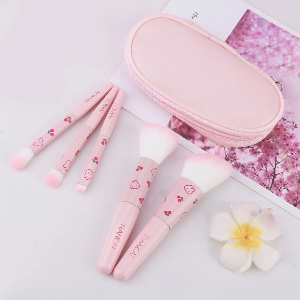 5-teiliges süßes kompaktes Make-up-Pinsel-Set mit Etui, Premium-Pinsel für makellose Grundierung, Rouge, Lidschatten-Anwendung, Beauty-Tools