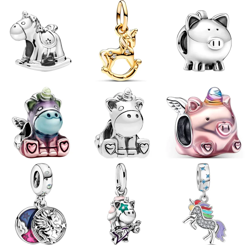 925 Sterling Silver Colorful Magic Flying Unicorn Pig Dangle Charm DIY Beads Fit Original Pandora Charms Bracelet Women Jewelry