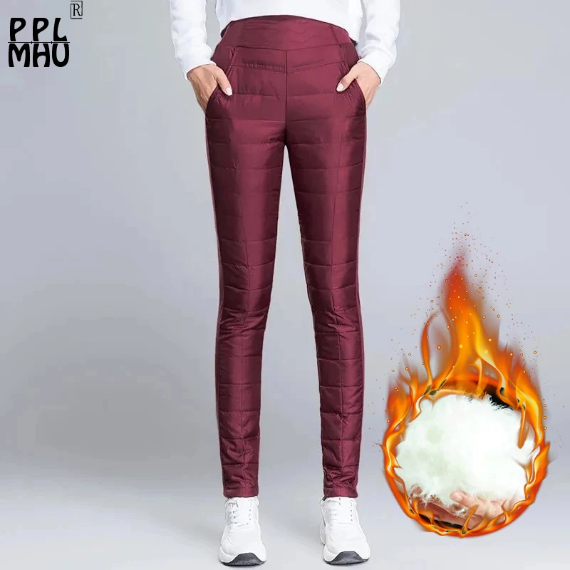 High Waist Elastic Warm Winter Pants Oversize 4Xl Skinny Down Pants Women Snow Mother Wine Red Outdoor Pencil Sweatpants