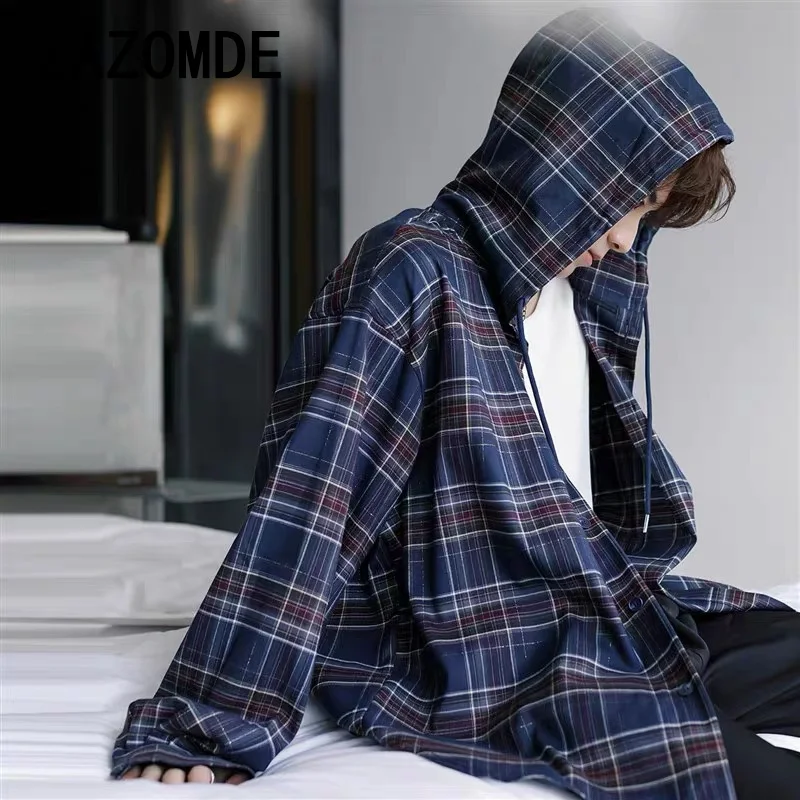 ZAZOMDE High Street Plaid Mens Shirt Jacket American Casual Hooded Long Sleeved Tops Simplicity Color Block Unisex Coats 2024