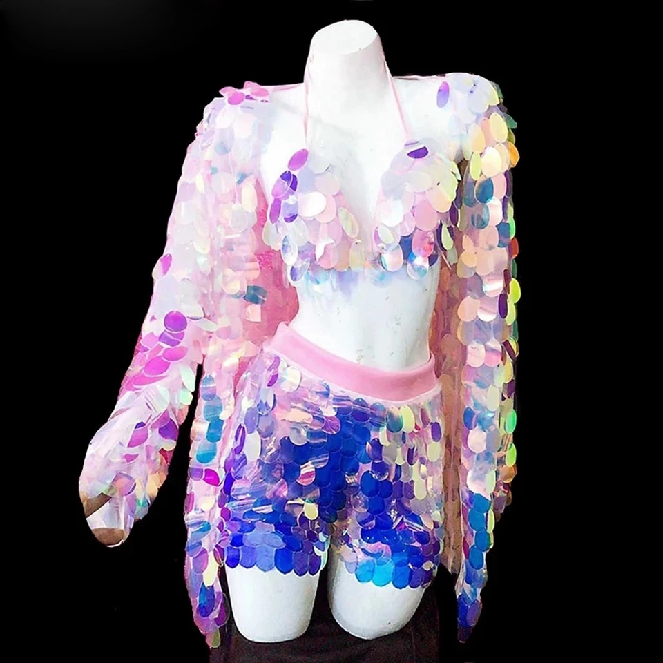 Club Party Show Music Festival Rave Outfits Pink Purple Sequins Bra Shorts Coat 3 Piece Nightclub Singer Glitter Stage Costume