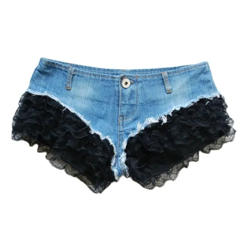 2025 New Nightclub women's Sexy Ultra Low Waist Denim Jeans Lace Splicing Shorts Dj Pole Dance