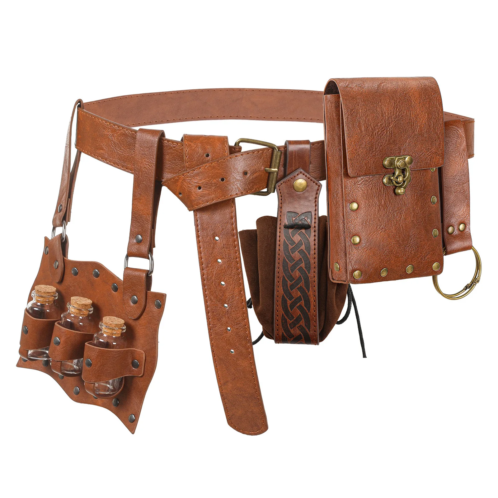 5pcs Renaissance Costume Props Vintage Leather Waist Belt Bag Cork Potion Bottle  Drawstring Coin Purse Skirt Clip Medieval Festival Costume Accessories