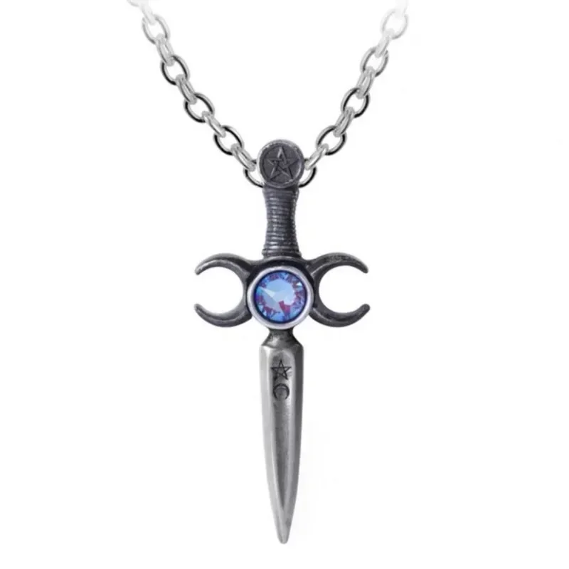 Sword Triple Moon Goddess Pentagram Pendant Stainless Steel Purple Crystal Witch Pagan Chain Necklaces Jewelry Xmas Gift