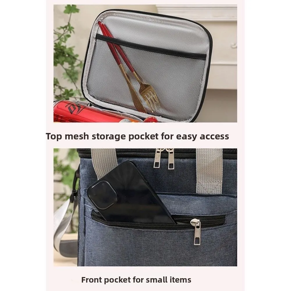 

Large Capacity Insulated Lunch Bag Double Layer with Shoulder Strap Picnic Bag Handheld Thickened Thermal Lunch Pouch