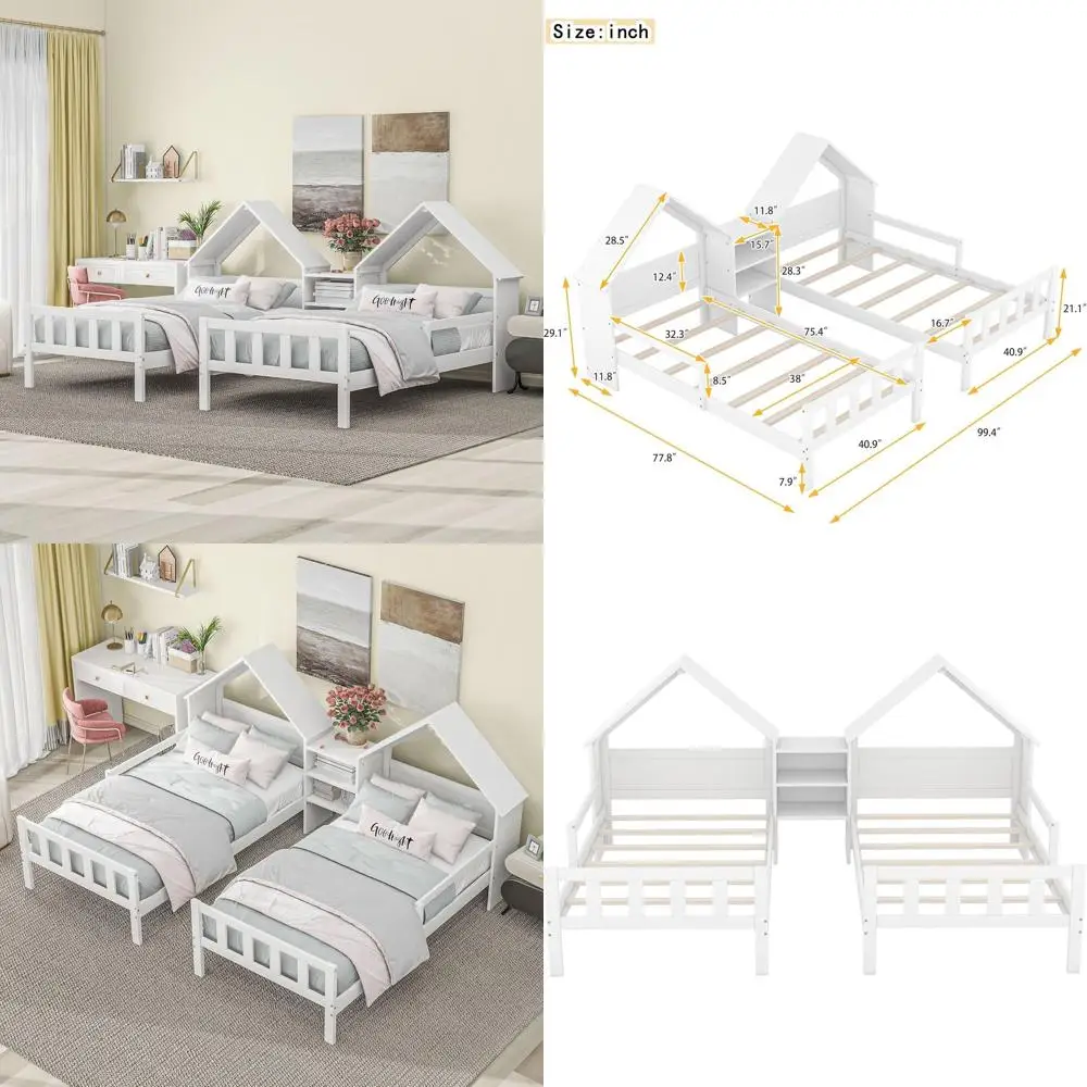 

Белая деревянная двуспальная кровать-платформа с изголовьем в форме домика, со встроенной прикроватной тумбочкой для детей и подростков