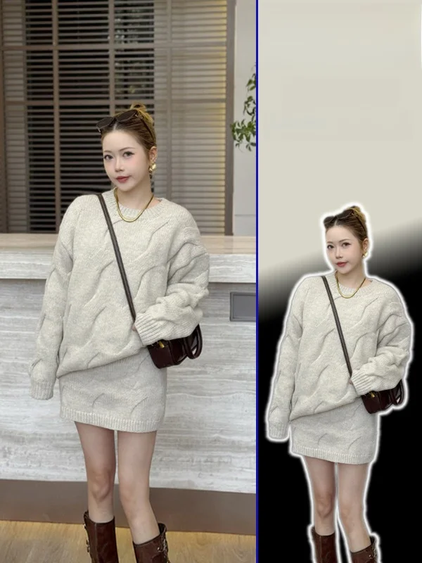 

Loose Korean Sle Women's Knitted Sweater And Skirt Two-Piece Set plus Size Casual Faion Spring Season All-Match