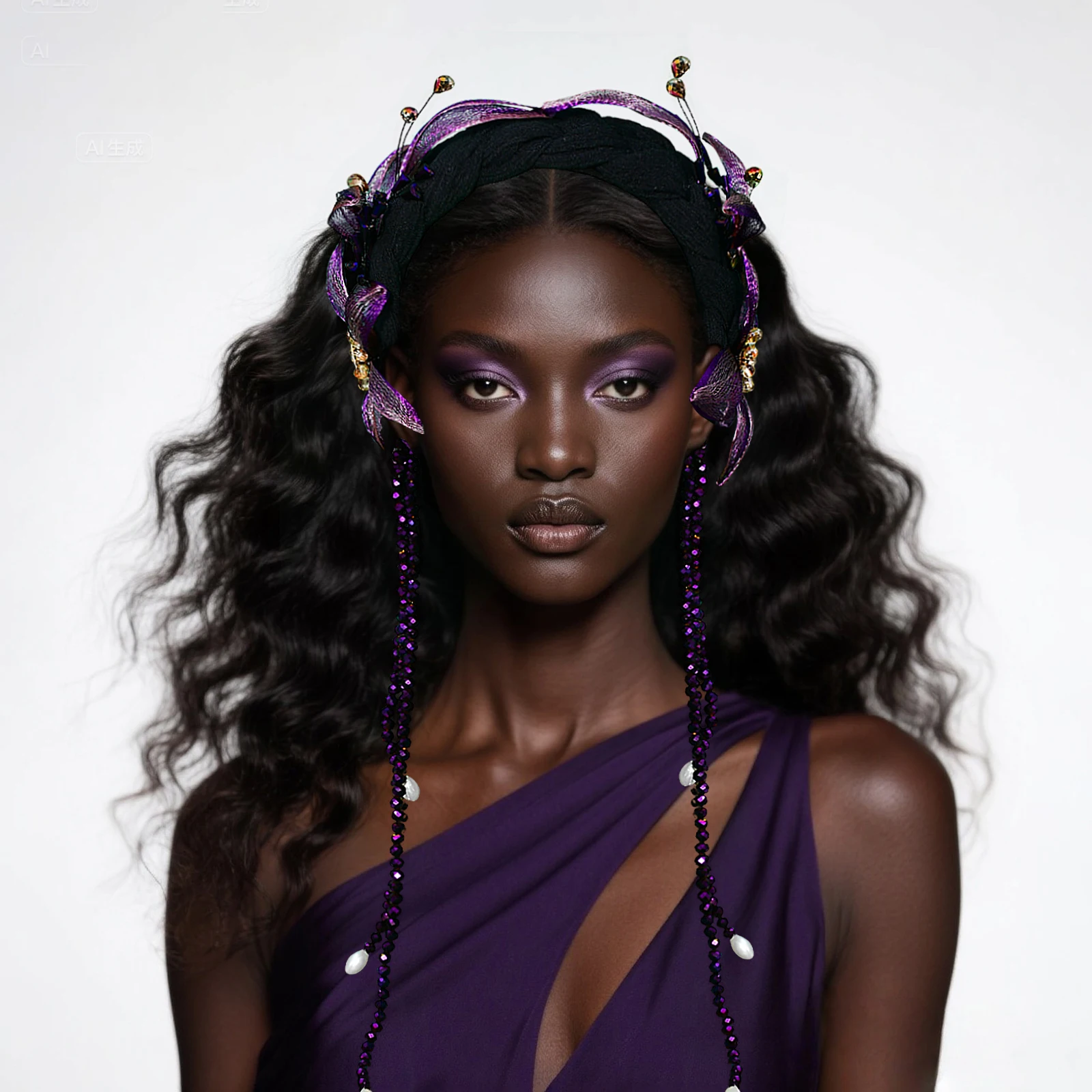 

HNNNS Purple Crystal Tassel Headband Vintage Luxury Baroque Hair Hoop Women Banquet Headwear Thick Sponge Hair Accessories A370