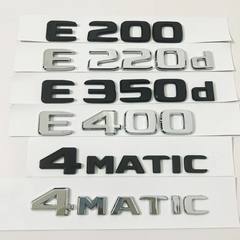 Letras pretas prateadas E200, E260, E300, E400, E220d, E350e, E300de, 4matic, ABS, emblema para Mercedes Benz W213, adesivo com