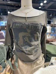 Army Green Letter Graphic Vintage T-shirts Women Sexy Slash Neck Cotton Slim Tees American Streetwear Long Sleeve T Shirt Y2k