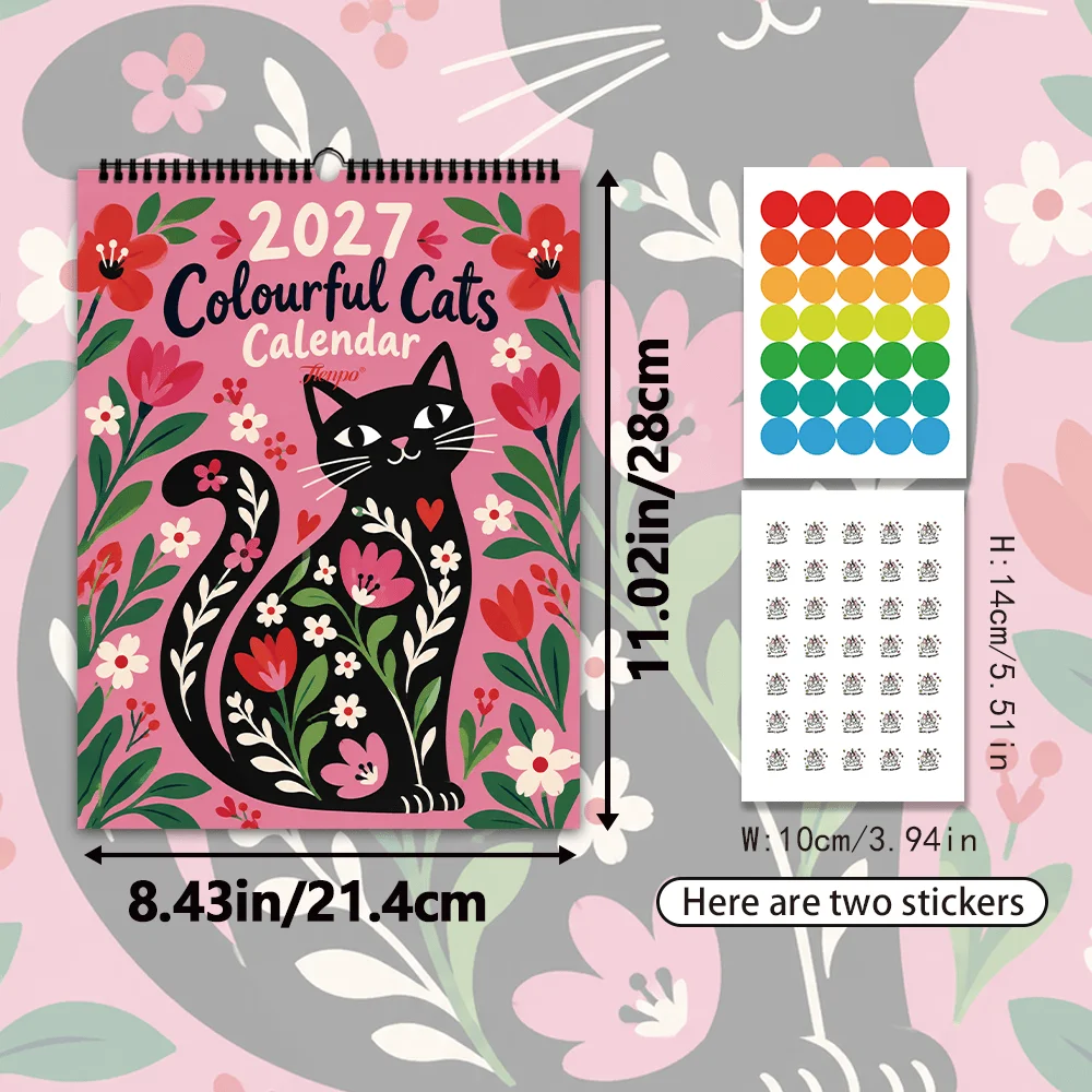 1pc, 2027 Wall Calendar, Folk Colorful Cat Art, 12 Month Planner for Home Office Decor, Christmas New Year Gift with Stickers