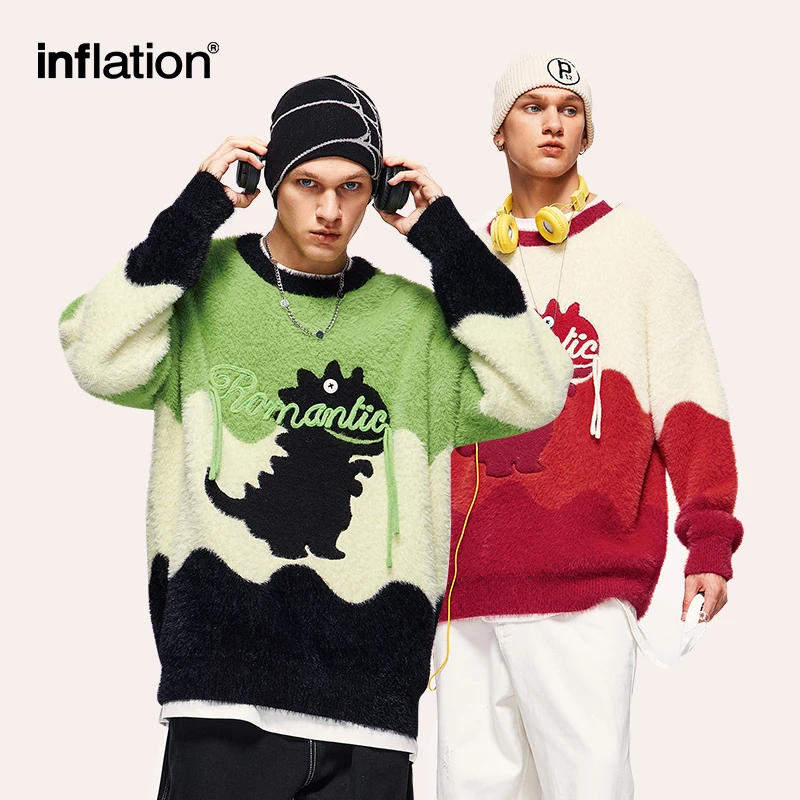 INFLATION Cute Cartoon Embroidery Sweaters Unisex Colorblock Knitwear Jumpers Mens Hip Hop Pullovers