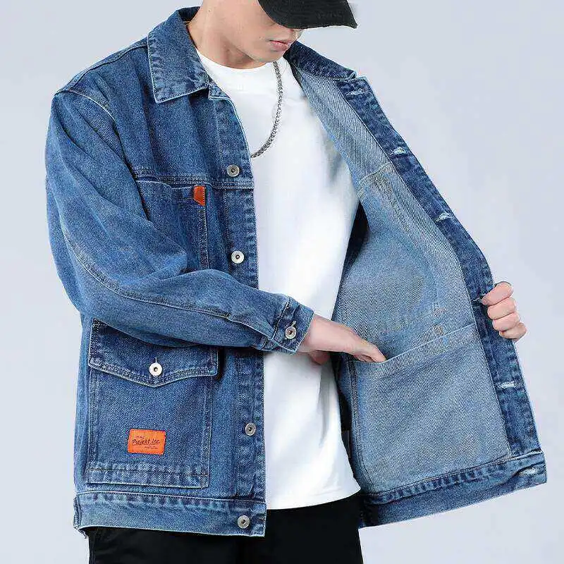 Wear-Resistant Casual Denim Jacket for Men with Multiple Pockets Loose Fit Turn-down Collar Workwear Dirt-resistant Outerwear
