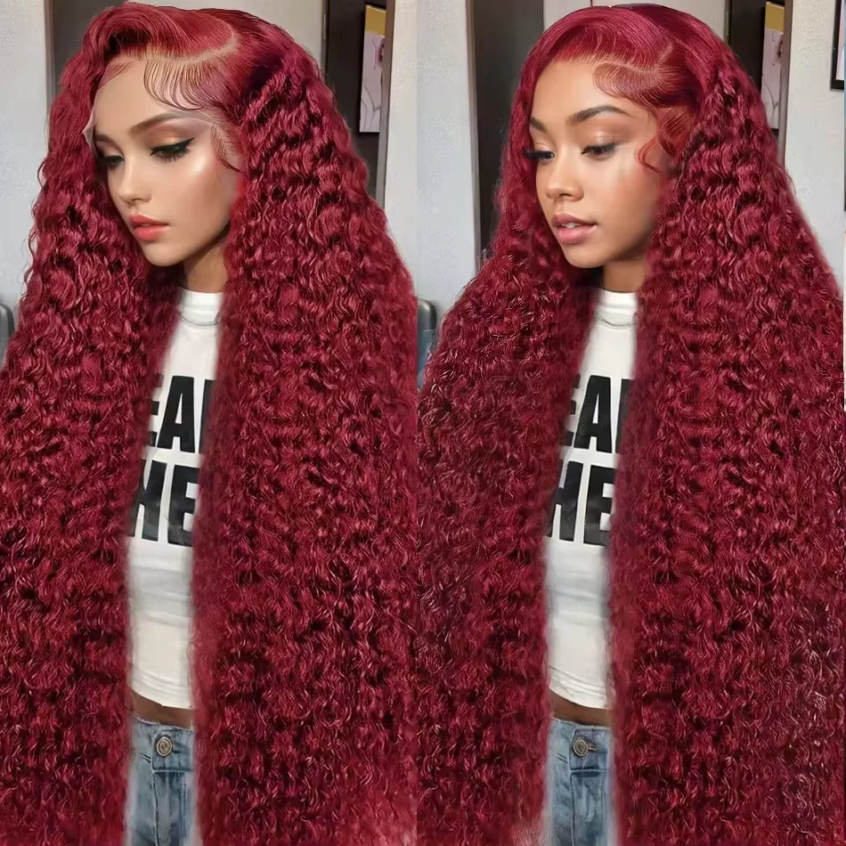 

200 Density 13x6 HD Front Wigs Transparent Lace wigs 52 Long inches 99J Burgundy Deep Wave human hair in Brazilian human hair