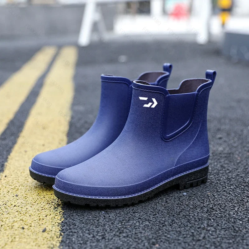 Fishing Men Rain Boots Rubber Gumboots Slip on Mid-calf Waterproof Working Boots Comfort Non-slip Fishing Shoes