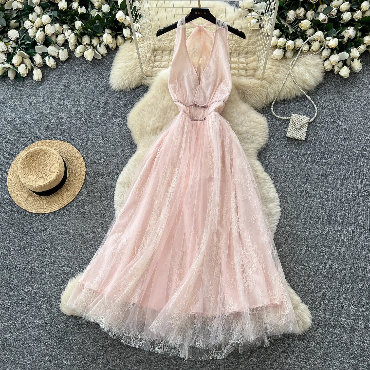 French Elegant Halter Neck Lace V Neck Tie Up Dress Women Ambiance Sense Temperament Sleeveless Puffy Party Banquet Women Dress