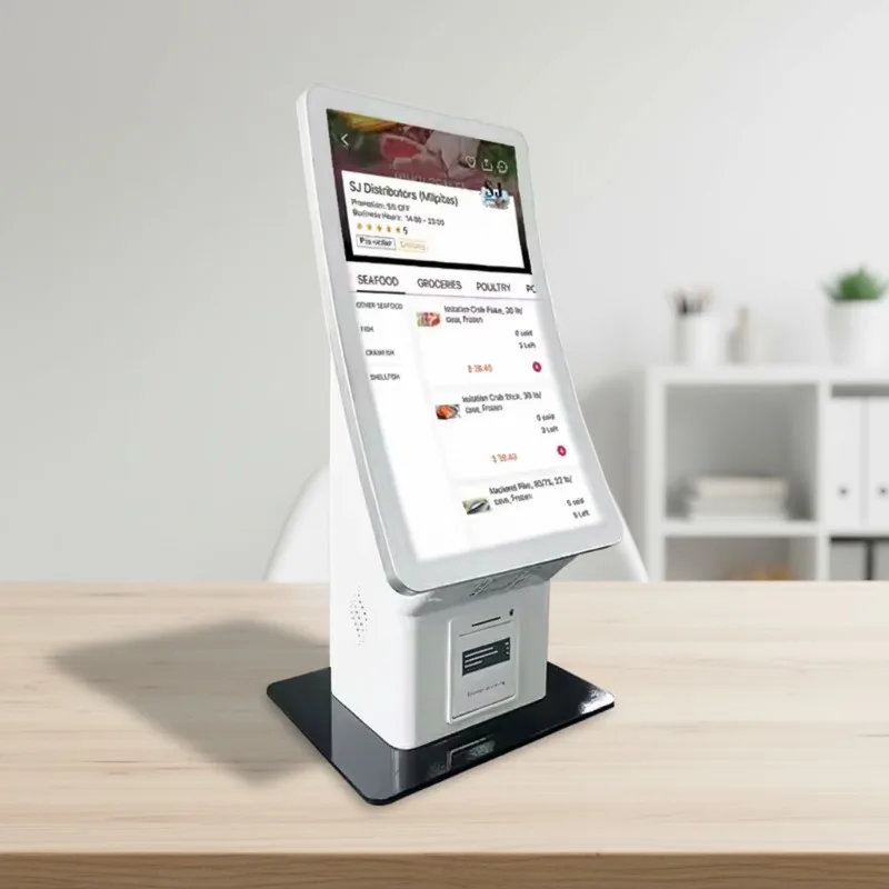 23.6 Inch Curved Touch Screen Desktop Kiosk with Card Reader for Restaurant POS System Food Order & Payment Kiosk