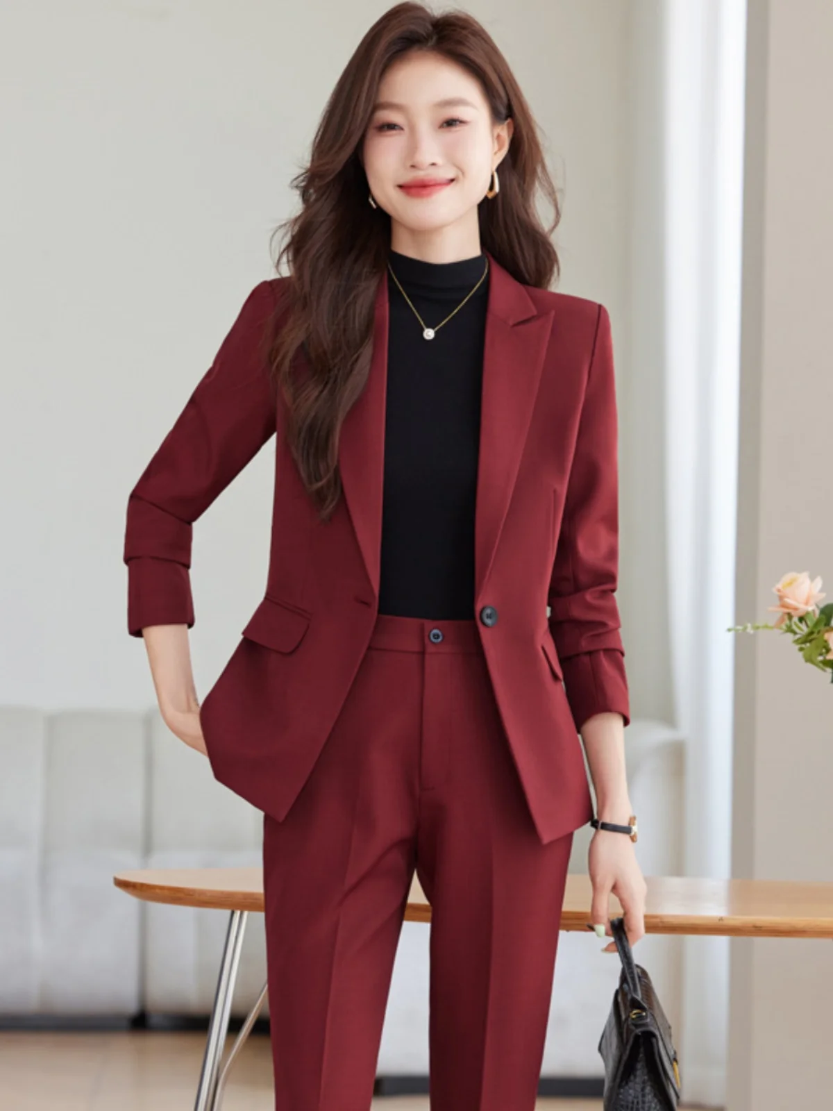 Elegant Wine Red Suit Set for Women Casual Long Sleeve Autumn Winter New Style High Quality Professional Pantsuit Ensemble