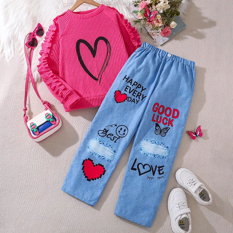 2024 Clothing Set Girls Long Sleeve Print Heart T-shirt Letter Ripped Denim Pants 2 Pcs Sets Casual Girls Clothes Set 8-12T