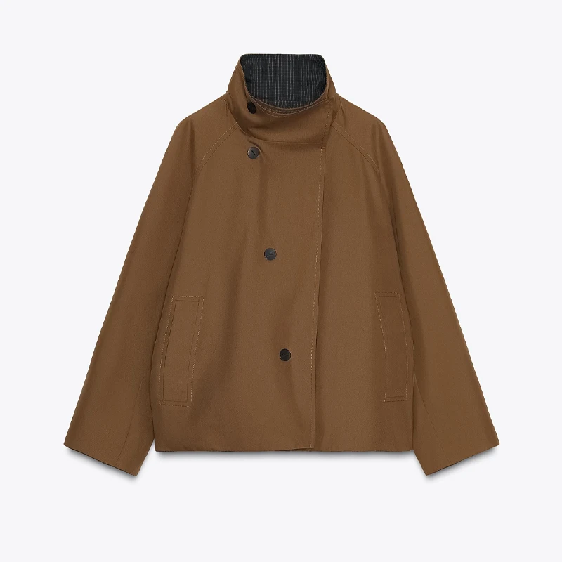 Vrouwen Dubbelzijdig Stand Kraag Korte Jas Retro Eenvoudige Casual Jas Vrouwelijke Trendy Chic Gezellige Jassen 2025, Herfst Nieuwe Uitloper