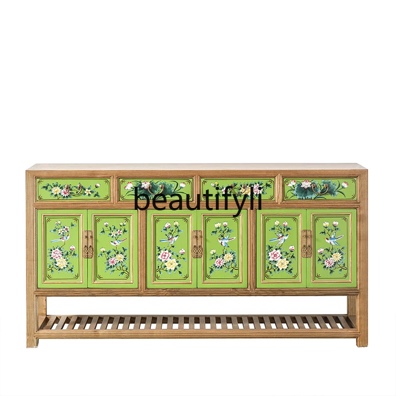 

New Chinese hand-painted solid wood dining side locker Modern simple elm porch partition shoe cabinet