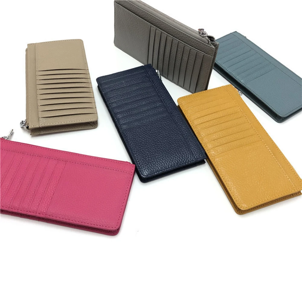 Porte-cartes à fermeture éclair longue de grande capacité pour hommes et femmes, lettres personnalisées, portefeuille en cuir véritable pour cartes de crédit, pochette pour téléphone, sac à main