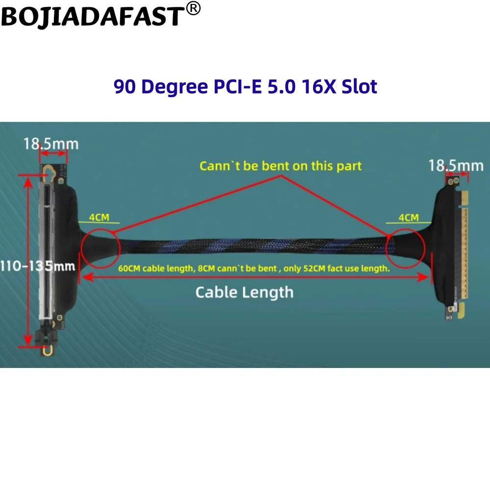 90 Degree PCI-E 5.0 16X to PCIe X16 Graphics Card GPU Riser Extension Cable GEN5 40CM 50CM 60CM for RTX5090 A100 H100 AI Server