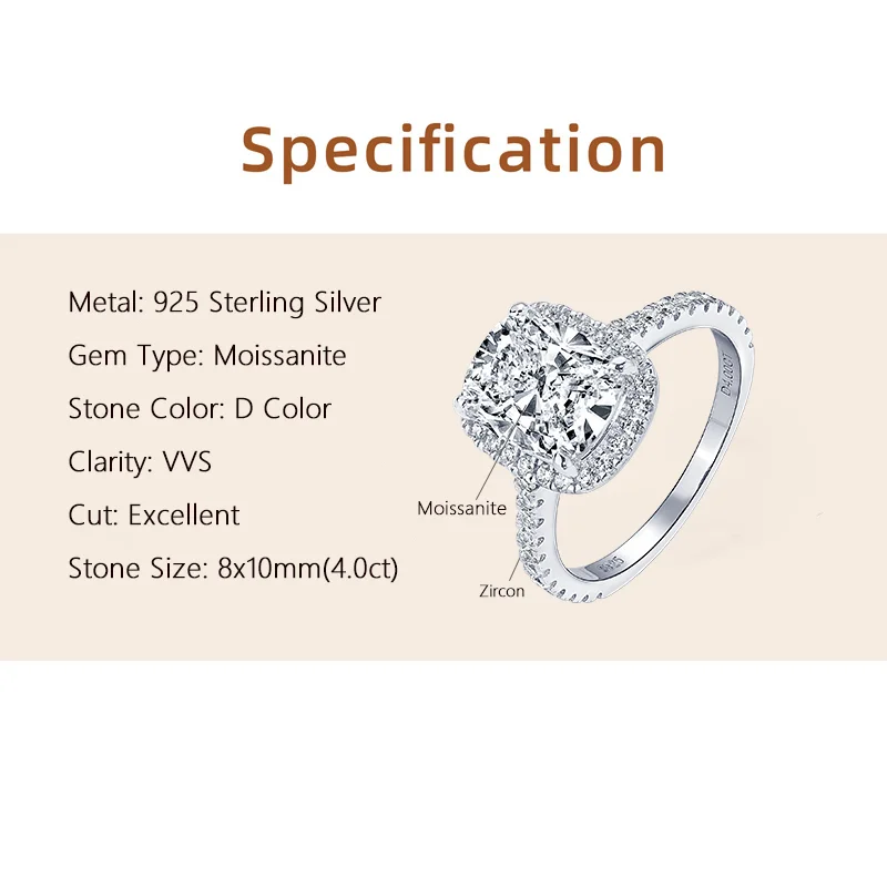 Ehhai GRA Certified 4CT Cushion Cut Moissanite Diamond Ring Band for Women S925 Sterling Silver Wedding Party Fine Jewelry Gifts