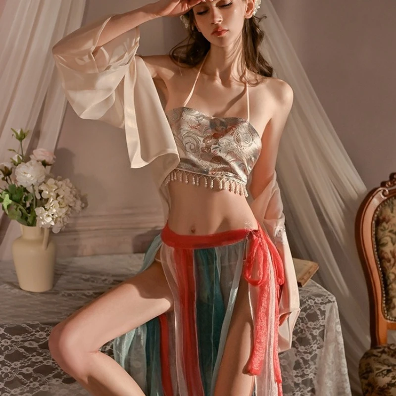 

Sexy Sheer Hanfu Pearl Bellyband Set Transparent Temptation Traditional Vintage Exotic Costume Ancient Women Lingerie Skirt 2025
