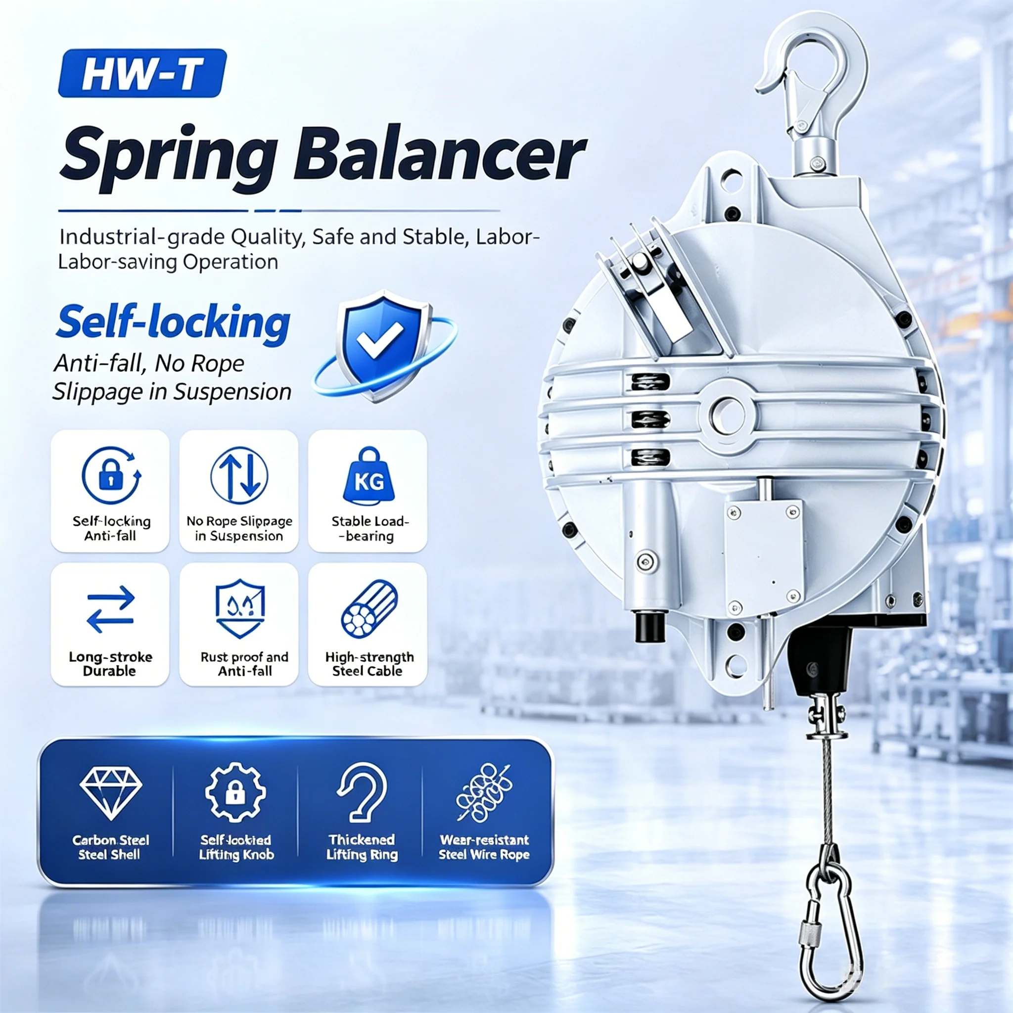 2M Spring Balancer HW-T Tower-Wheel Type Suspended Elastic Balancing Hoist Self-Locking Self-Controlled 15-160kg Assembly Line