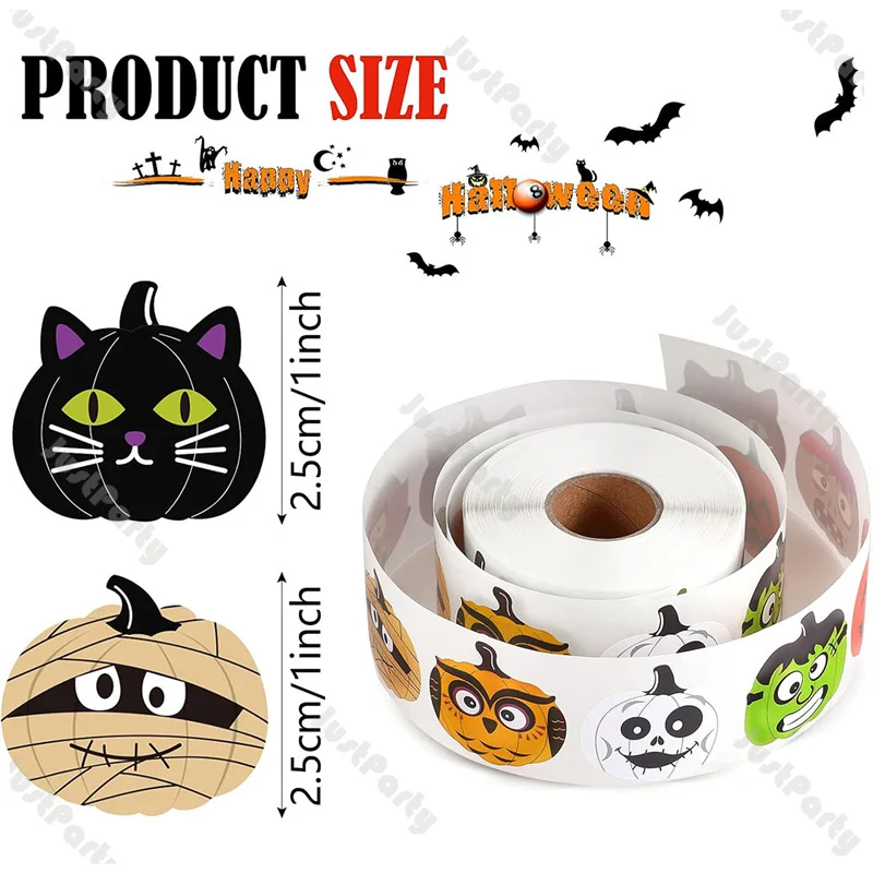 1 Roll 500pcs Halloween Skull Pumpkin Witch Black Cat DIY Round Stickers Sealing Packaging Labels Waterproof Festival Stickers view 3