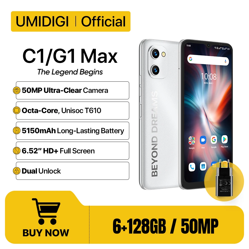 [In Stock] UMIDIGI C1&G1 Max Smartphone, Unisoc T610 Octa-Core, 6GB+128GB, 50MP Camera, 5150mAh Battery, Dual SIM Cellphone