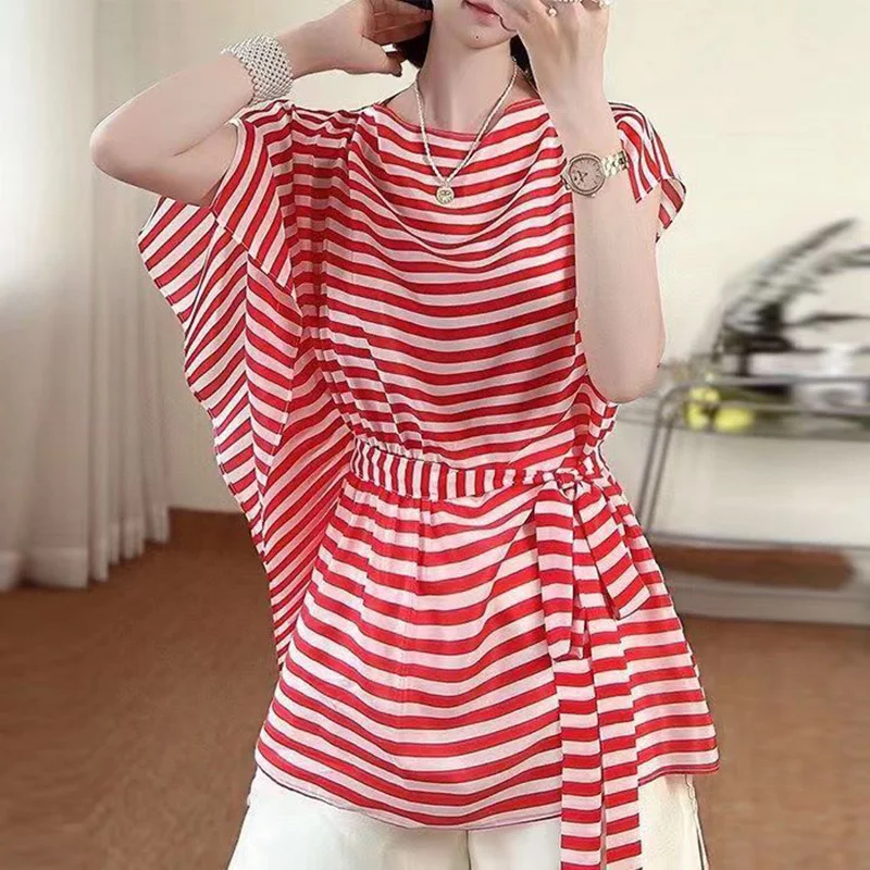 Stylish Slash Neck Spliced Loose Bandage Striped Blouse Women\'s Clothing 2023 Summer New Casual Pullovers Irregular Shirt