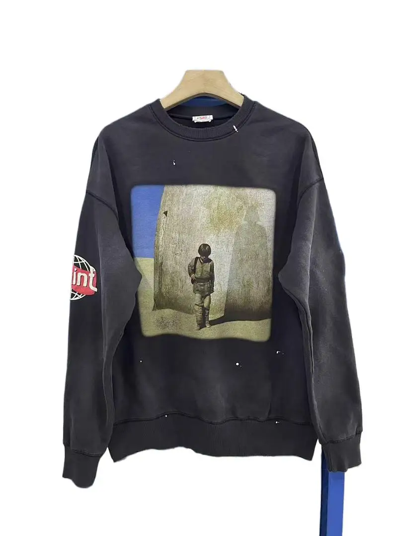 25SS Top Quality Saint x PlanetWar Printed Women Men Sweatshirt Pullover Washed Ripped Men Oversized Casual Cotton Sweatshirts